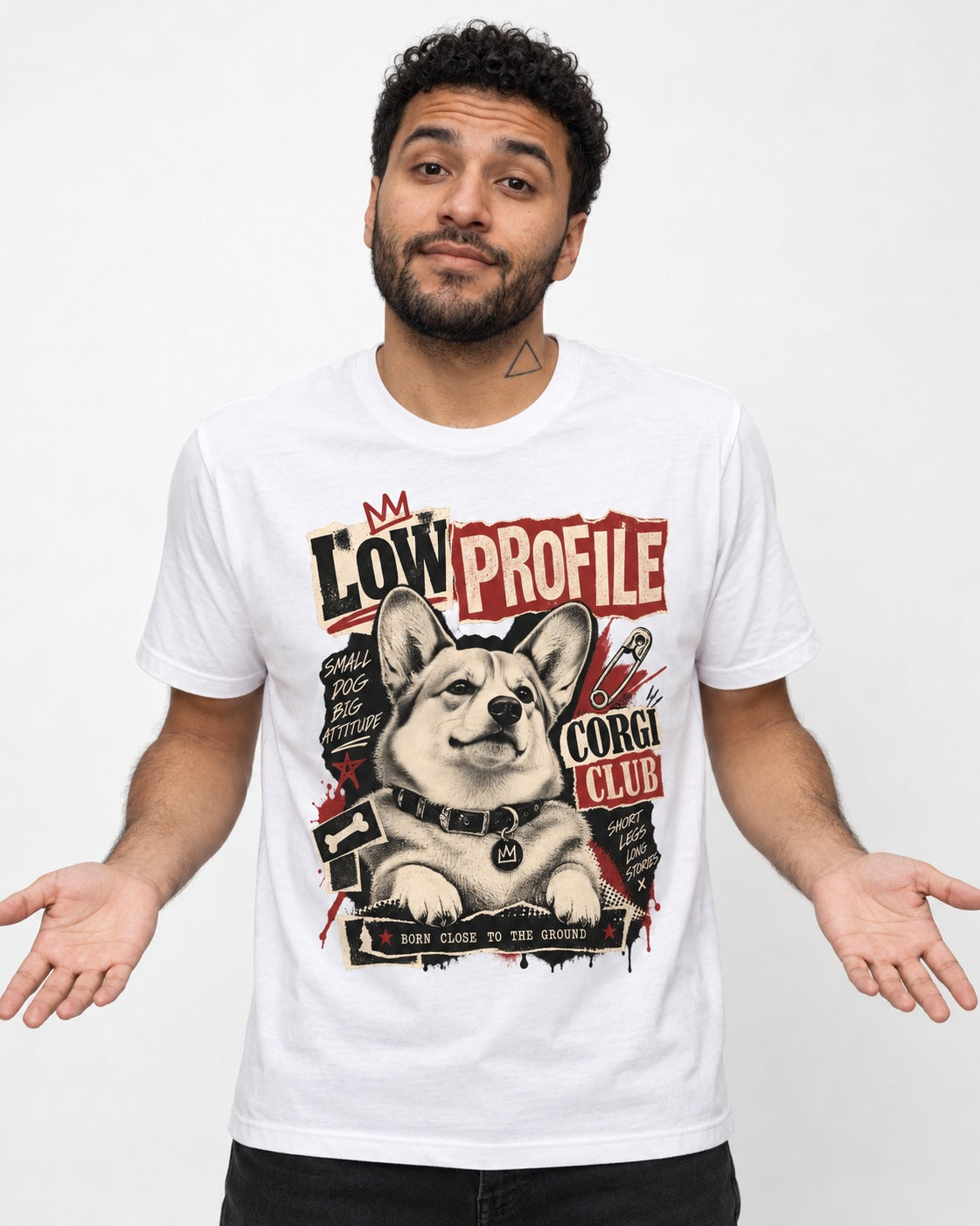 Corgi Low Profile Corgi Club Punk Collage Graphic T-Shirt in White, worn by a model
