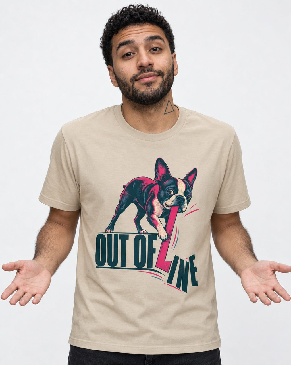 Boston Terrier Out of Line T-Shirt in Sand, worn by a model