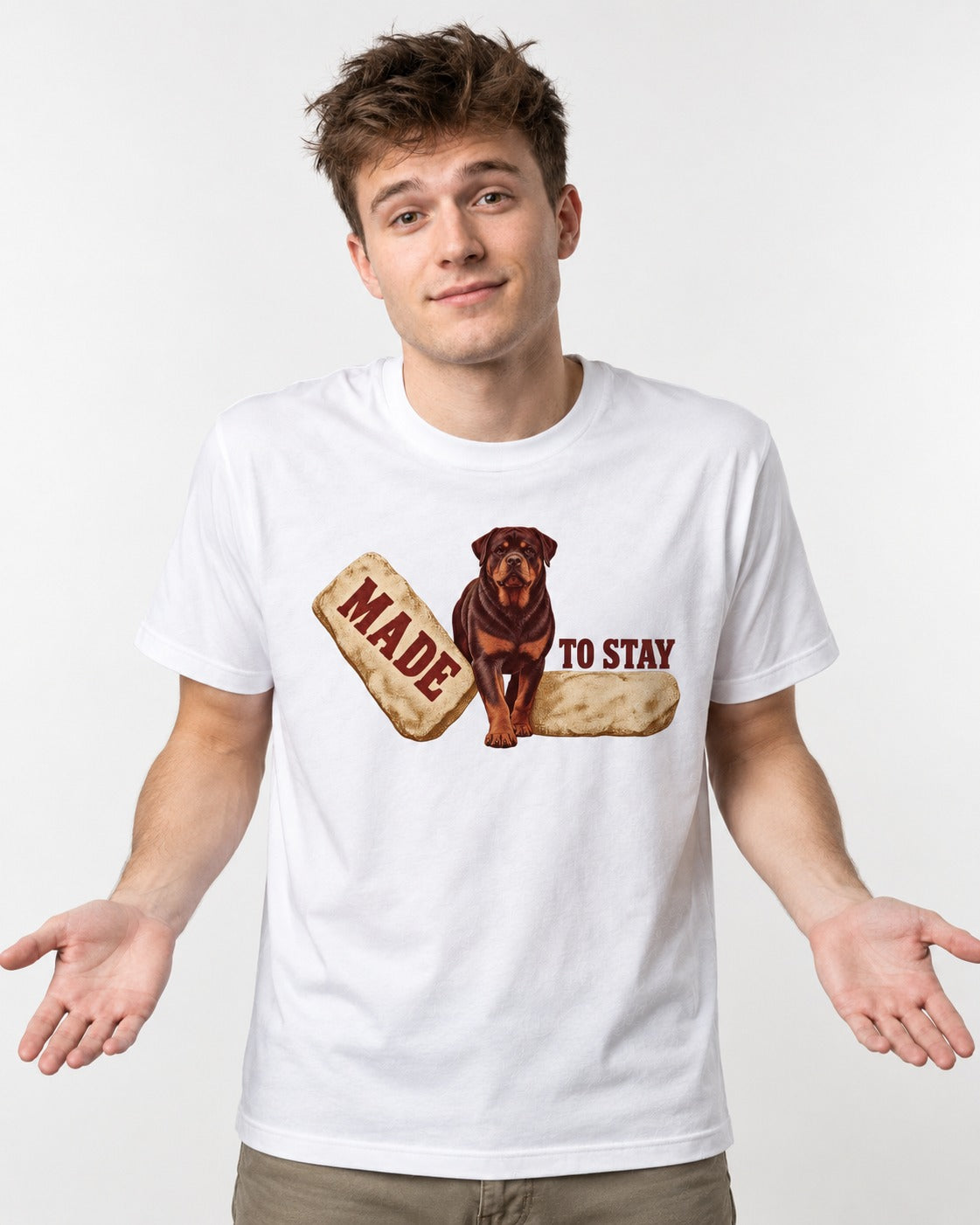 Rottweiler Made to Stay Stepping Stone Graphic T-Shirt in White, worn by a model