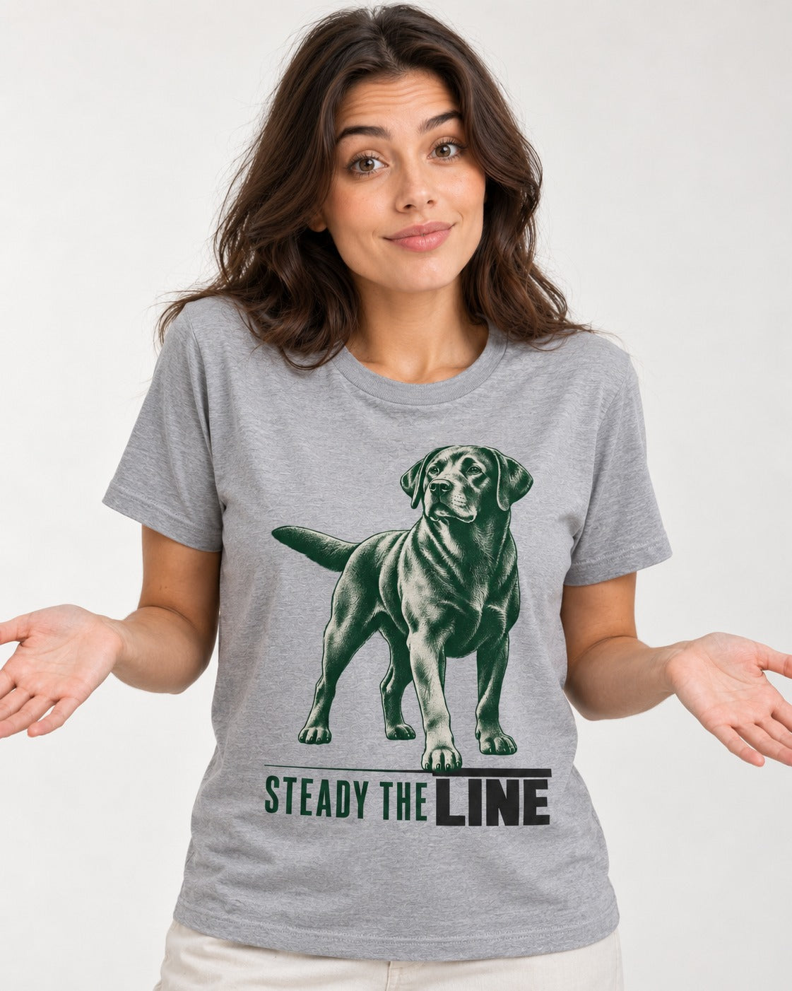 Steady the Line Labrador Retriever T-Shirt in Sport Grey, worn by a model