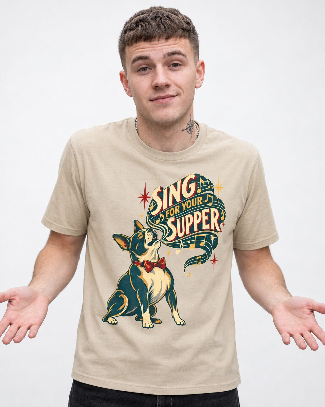 Boston Terrier Sing for Your Supper T-Shirt in Sand, worn by a model