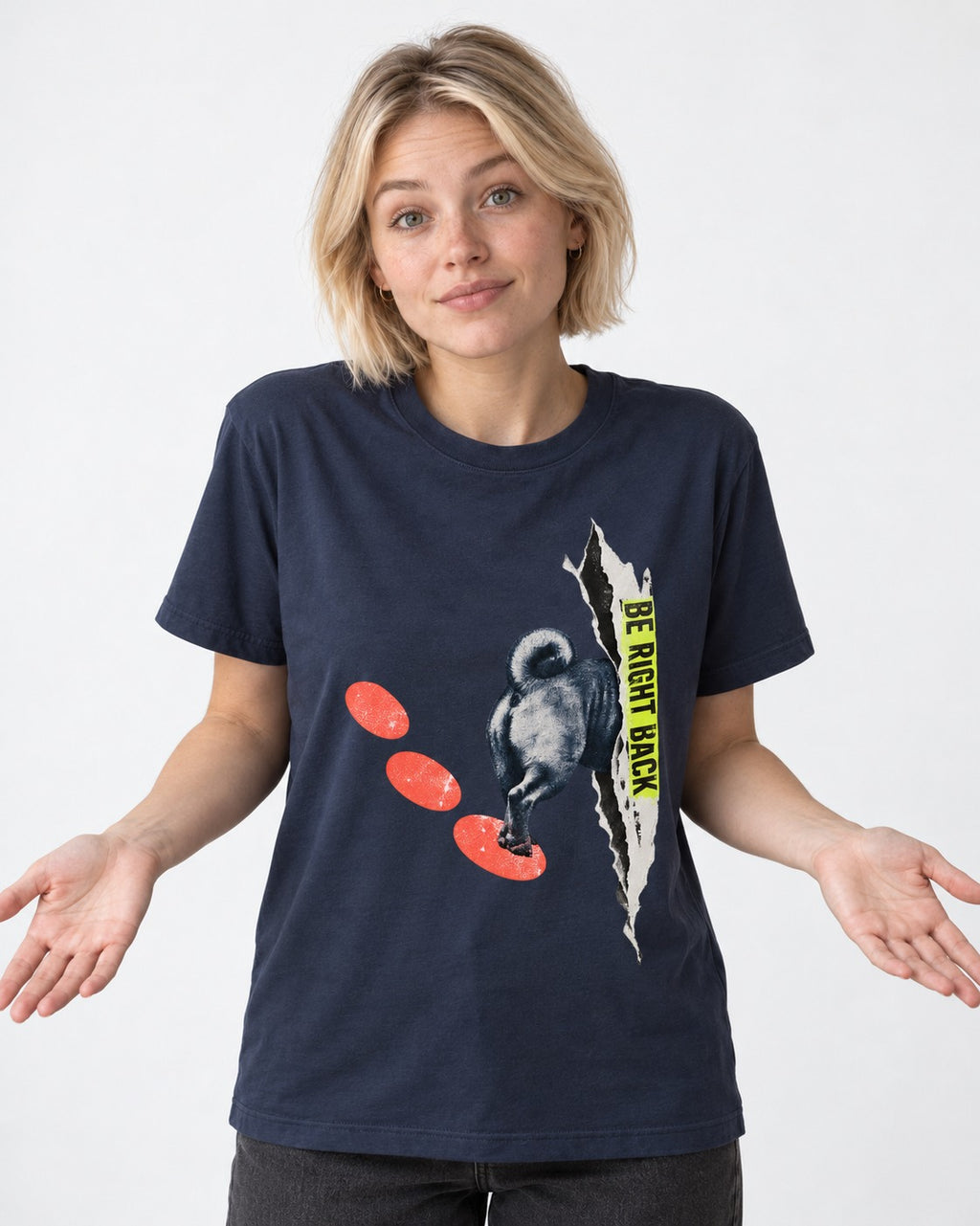 Pug Be Right Back Torn Portal Graphic T-Shirt in Navy, worn by a model