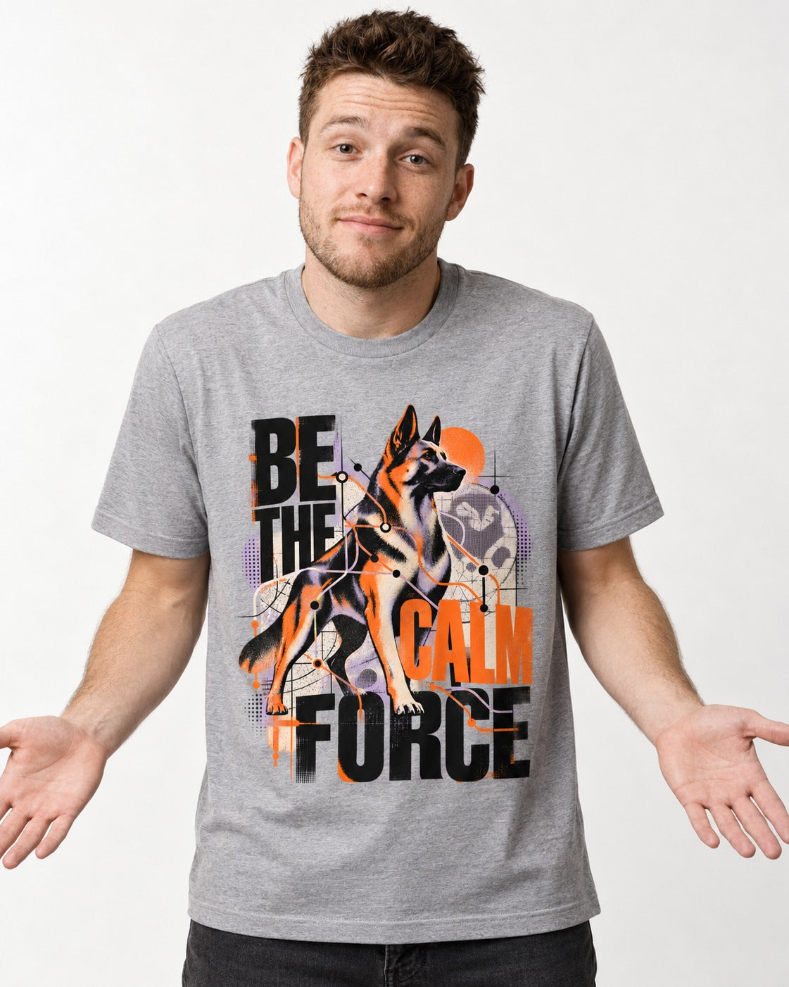 Be the Calm Force German Shepherd Dog T-Shirt in Sport Grey, worn by a model