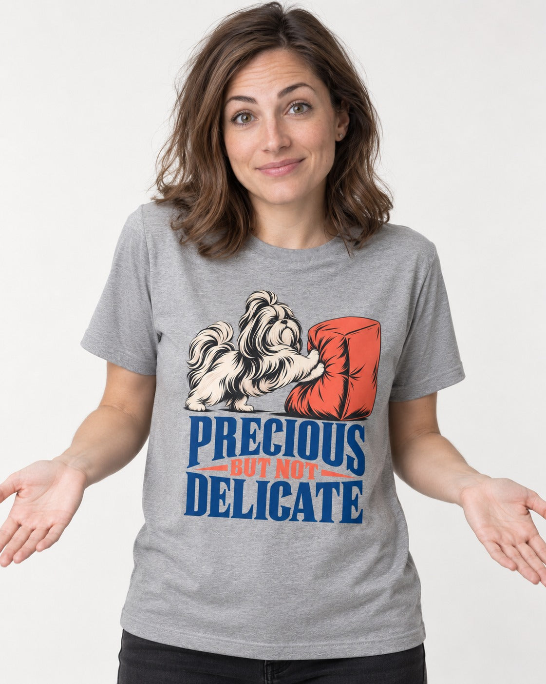 Precious but Not Delicate Shih Tzu T-Shirt in Sport Grey, worn by a model