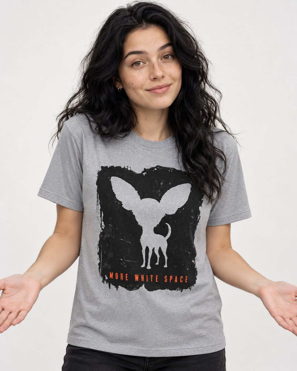 More White Space Chihuahua T-Shirt in Sport Grey, worn by a model