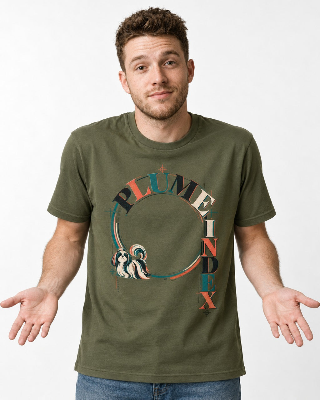 Shih Tzu Plume Index Circular Typography Graphic T-Shirt in Heather Military Green, worn by a model