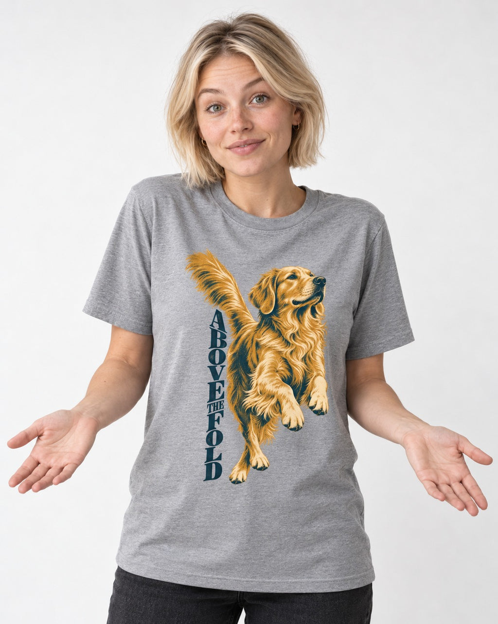 Golden Retriever Above the Fold T-Shirt in Sport Grey, worn by a model