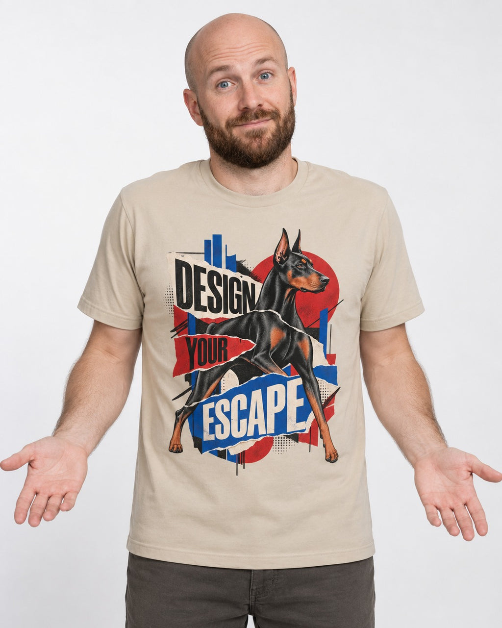Doberman Escape T-Shirt in Sand, worn by a model
