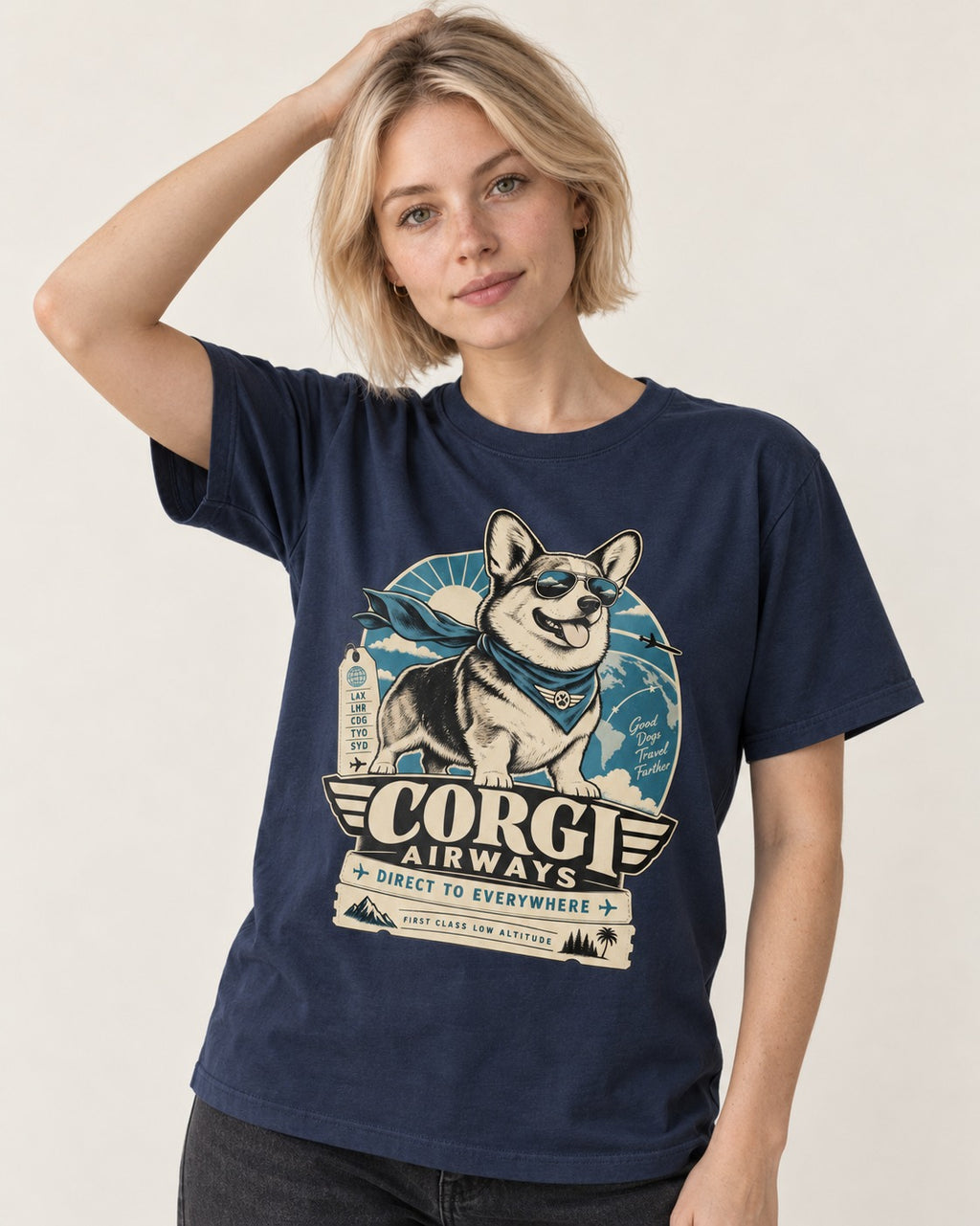Corgi Airways Direct to Everywhere Badge T-Shirt in Navy, worn by a model