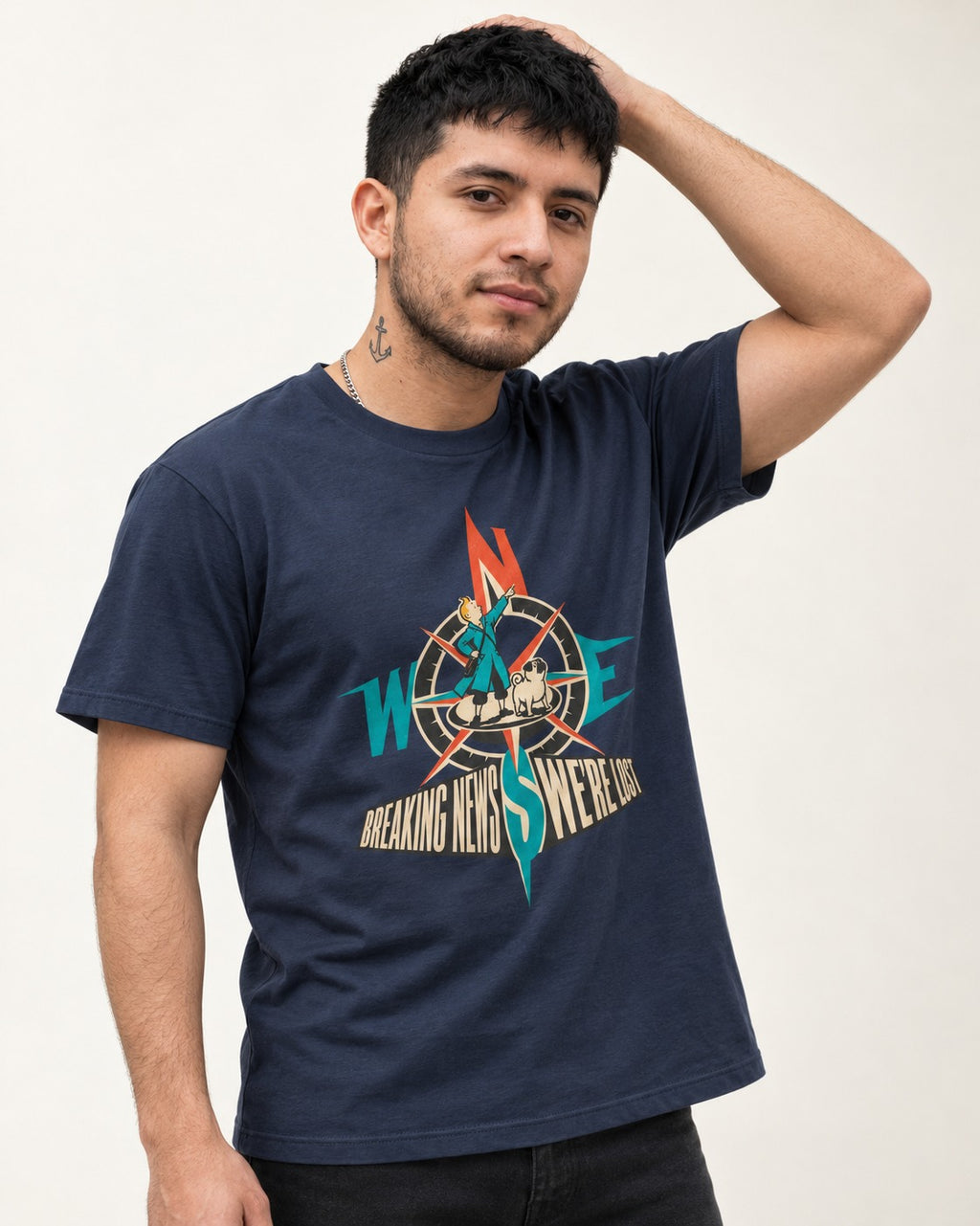 Pug Breaking News We're Lost Compass Graphic T-Shirt in Navy, worn by a model
