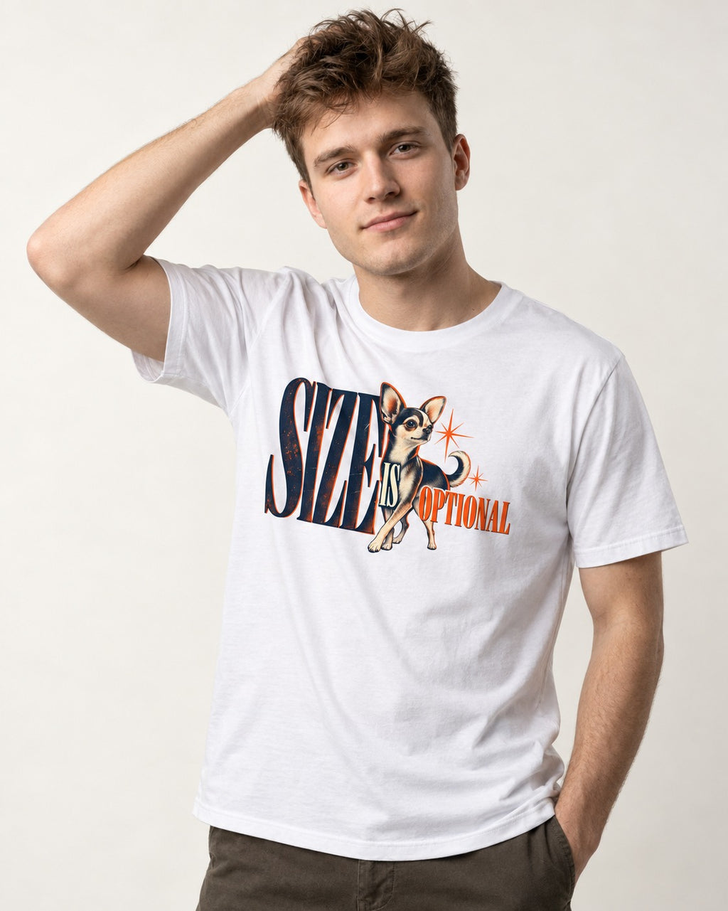 Chihuahua Size Is Optional Starburst Graphic T-Shirt in White, worn by a model