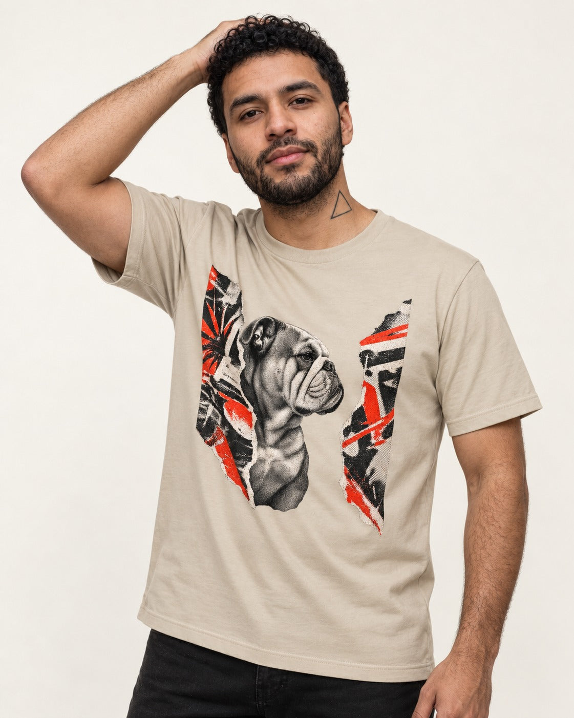 English Bulldog Unbowed T-Shirt in Sand, worn by a model