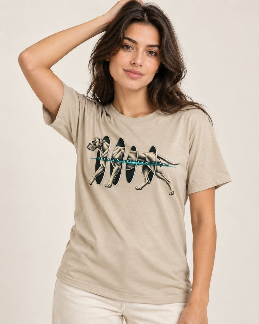 Boxer On Its Own Terms T-Shirt in Sand, worn by a model