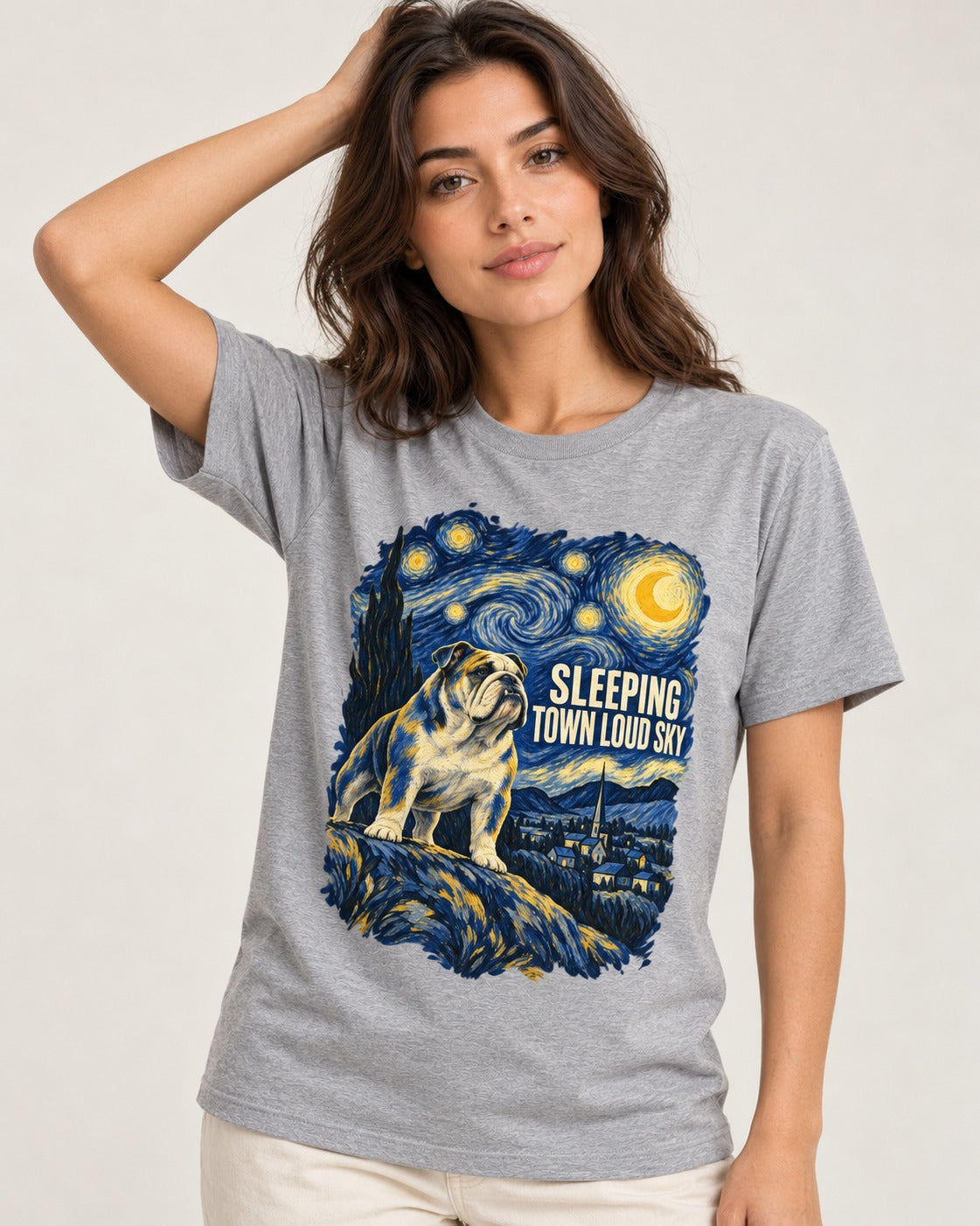 English Bulldog Sleeping Town Loud Sky Starry Night Graphic T-Shirt in Sport Grey, worn by a model