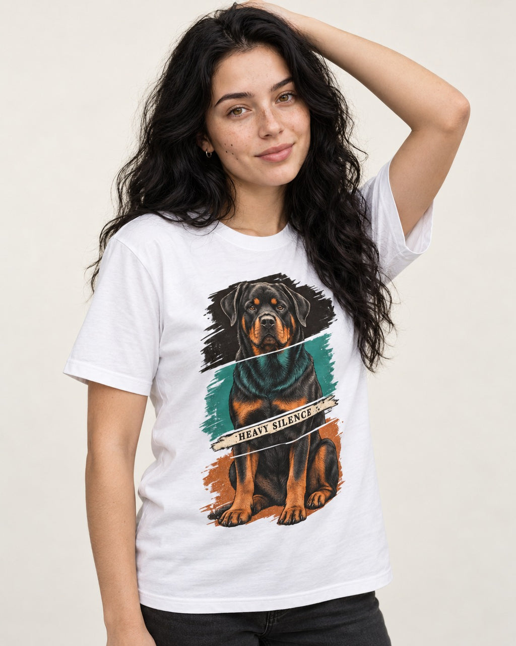 Rottweiler Heavy Silence Brushstroke Portrait Graphic T-Shirt in White, worn by a model