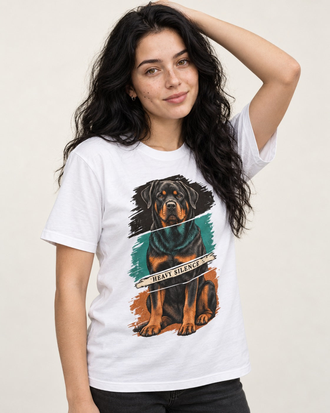 Rottweiler Heavy Silence Brushstroke Portrait Graphic T-Shirt in White, worn by a model