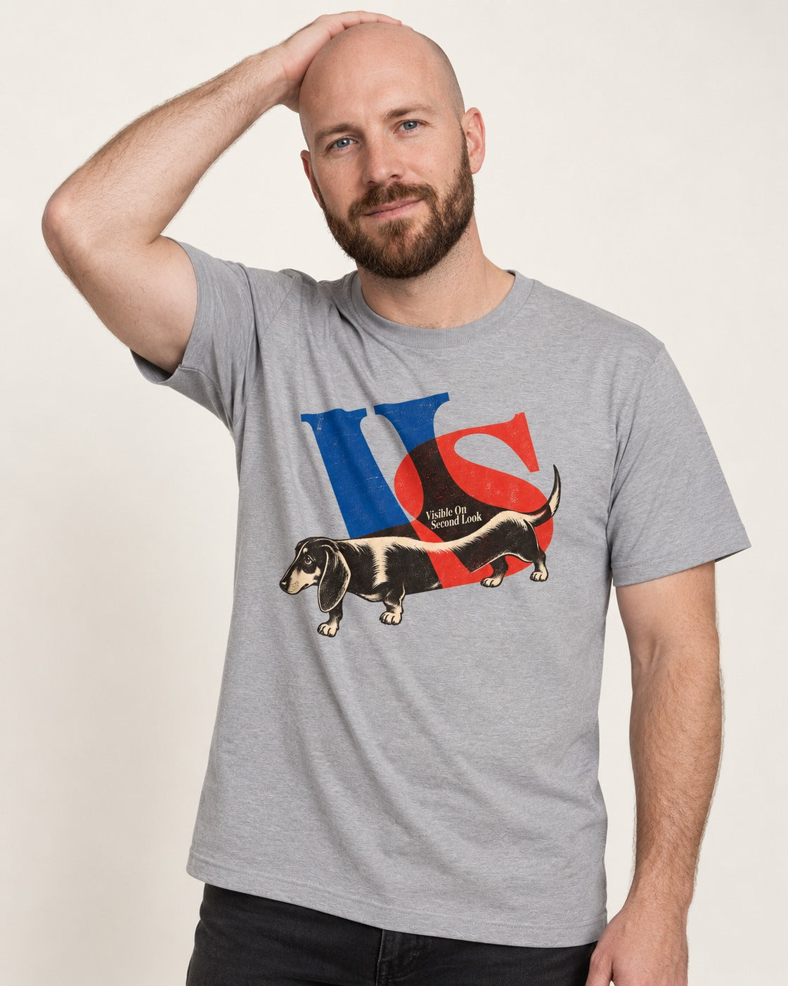 Dachshund VS Visible On Second Look Graphic T-Shirt in Sport Grey, worn by a model