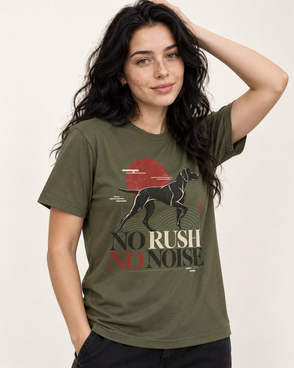German Shorthaired Pointer No Rush No Noise Sunset Graphic T-Shirt in Heather Military Green, worn by a model