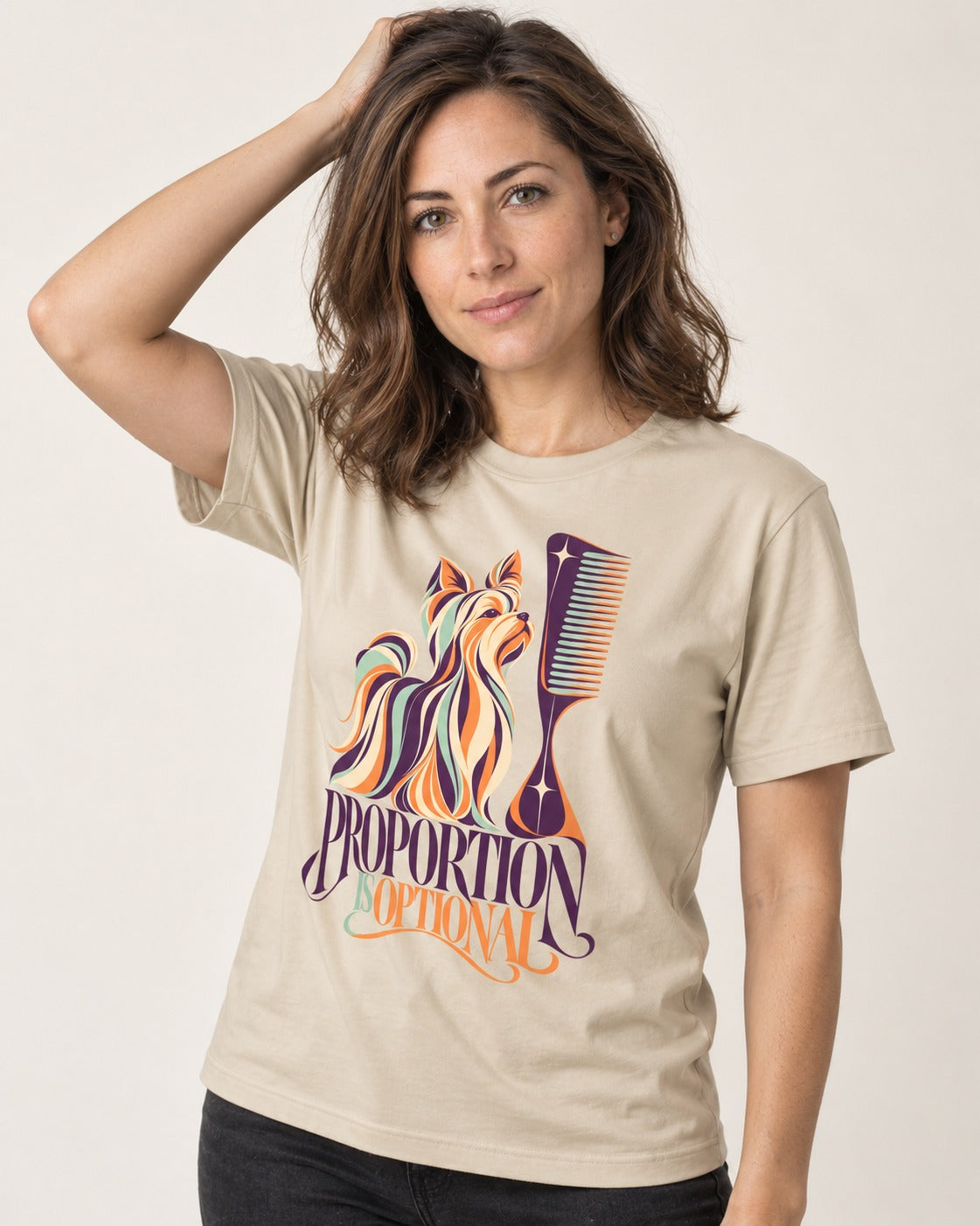 Yorkshire Terrier Proportion Is Optional T-Shirt in Sand, worn by a model