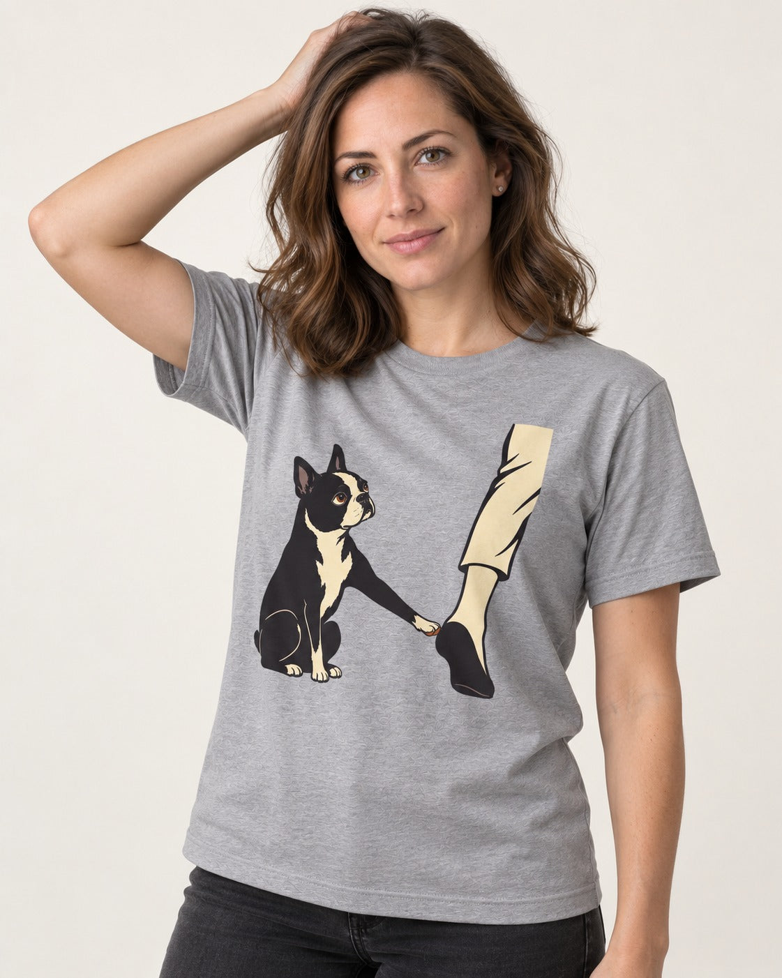 Boston Terrier Stay with Me T-Shirt in Sport Grey, worn by a model