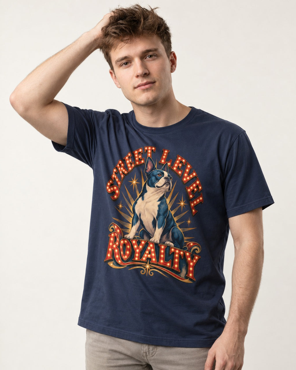Street Level Royalty Boston Terrier T-Shirt in Navy, worn by a model