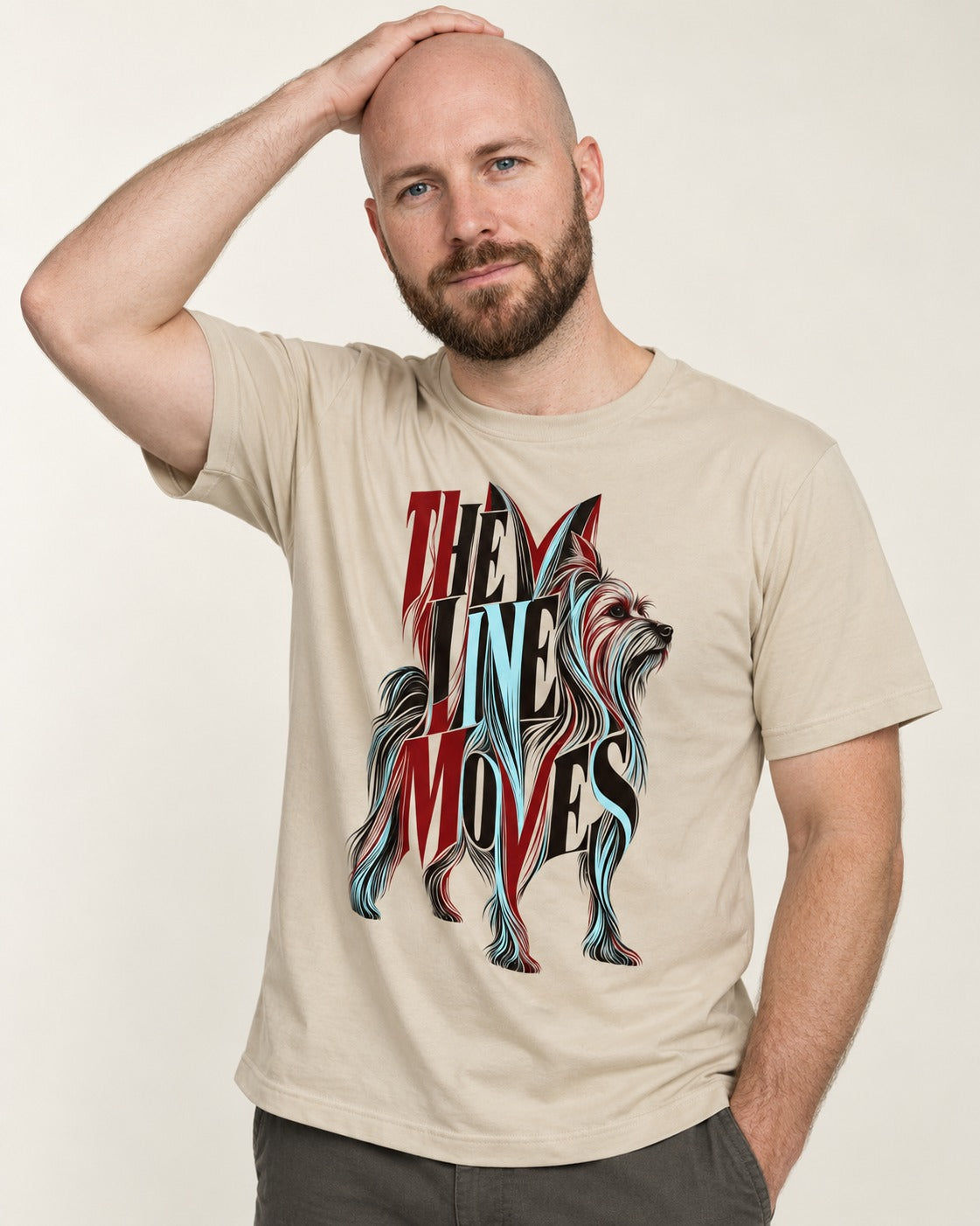 The One Moves Yorkshire Terrier T-Shirt in Sand, worn by a model