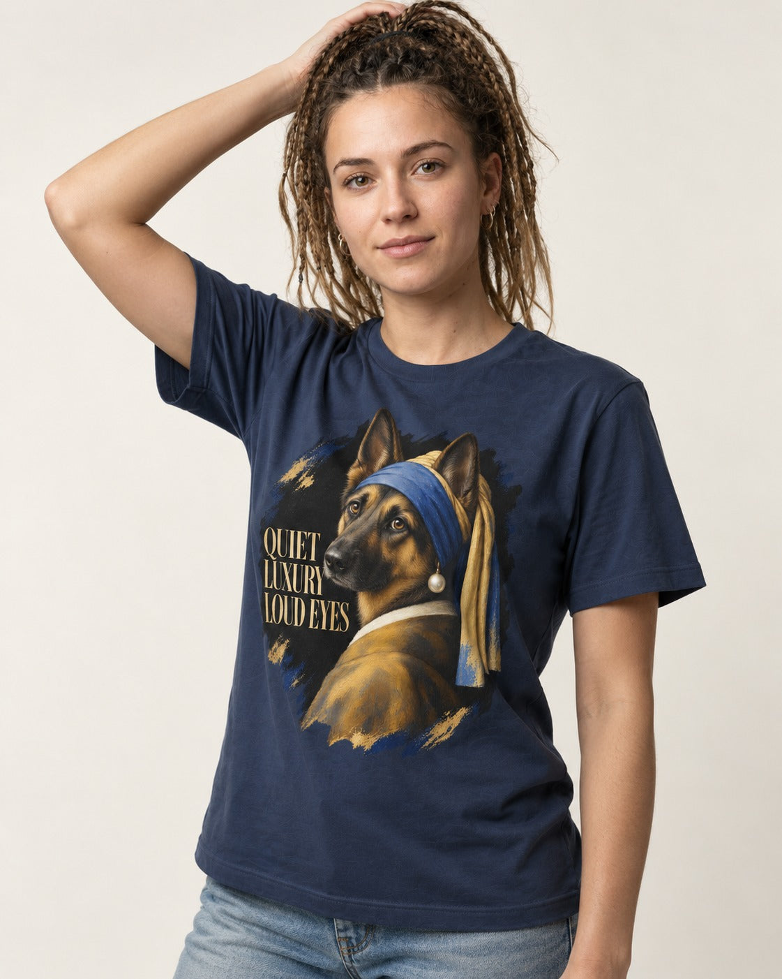 German Shepherd Dog Quiet Luxury Loud Eyes Pearl Portrait T-Shirt in Navy, worn by a model