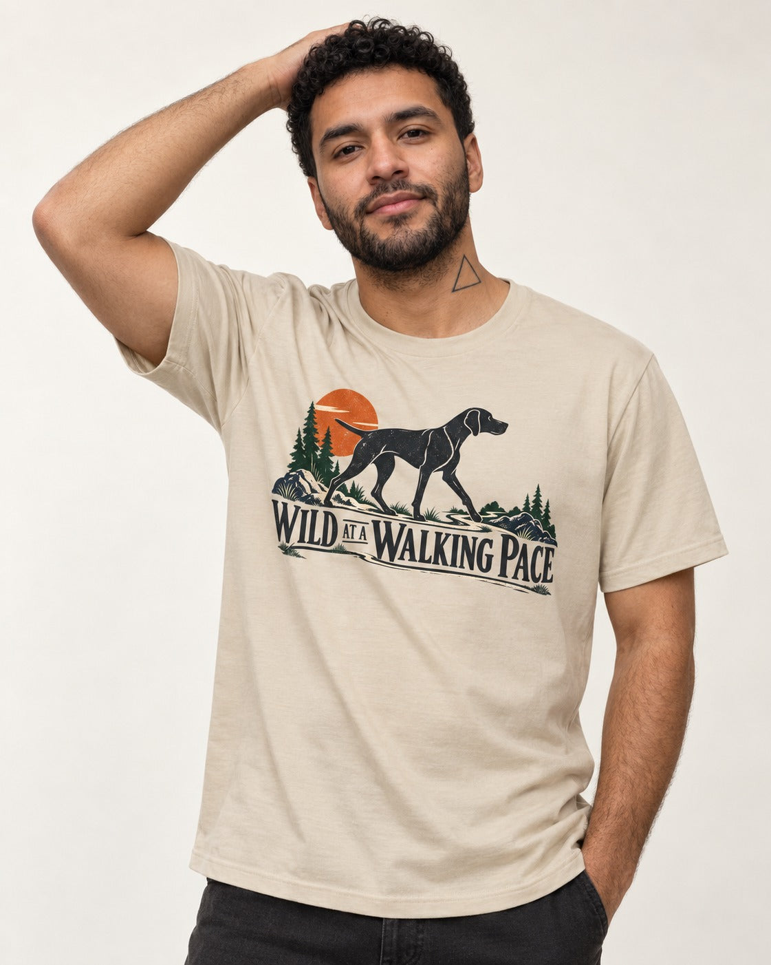 Wild at a Walk German Shorthaired Pointer T-Shirt in Sand, worn by a model