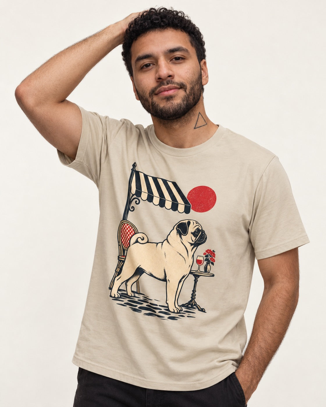 Pug Joie De Vivre T-Shirt in Sand, worn by a model