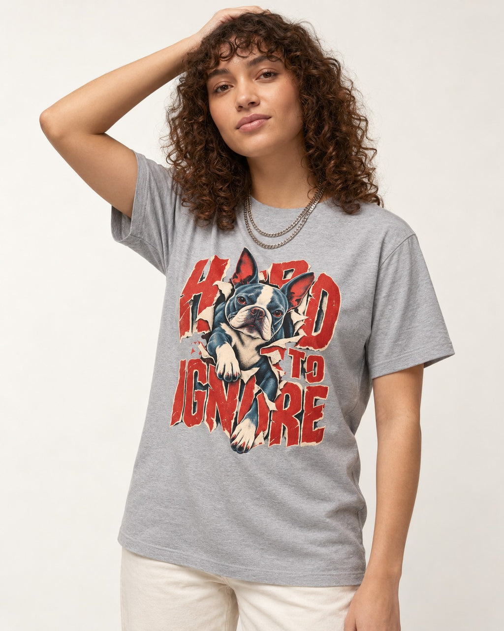 Hard to Ignore Boston Terrier Graphic T-Shirt in Sport Grey, worn by a model