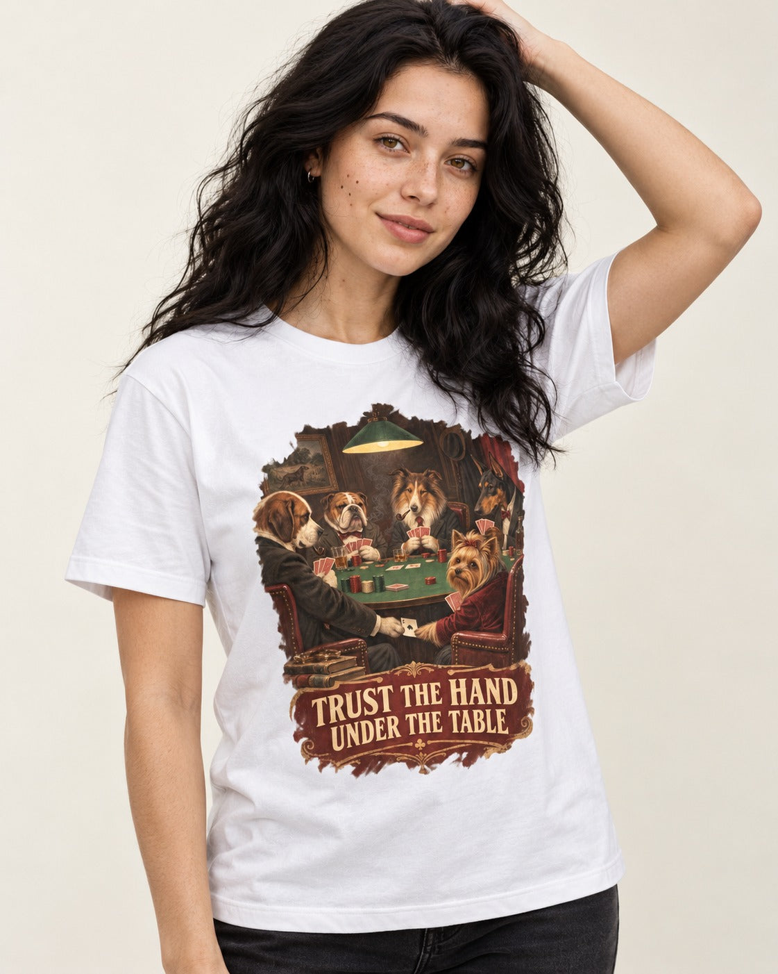 Yorkshire Terrier Trust the Hand Under the Table Poker Dogs Graphic T-Shirt in White, worn by a model