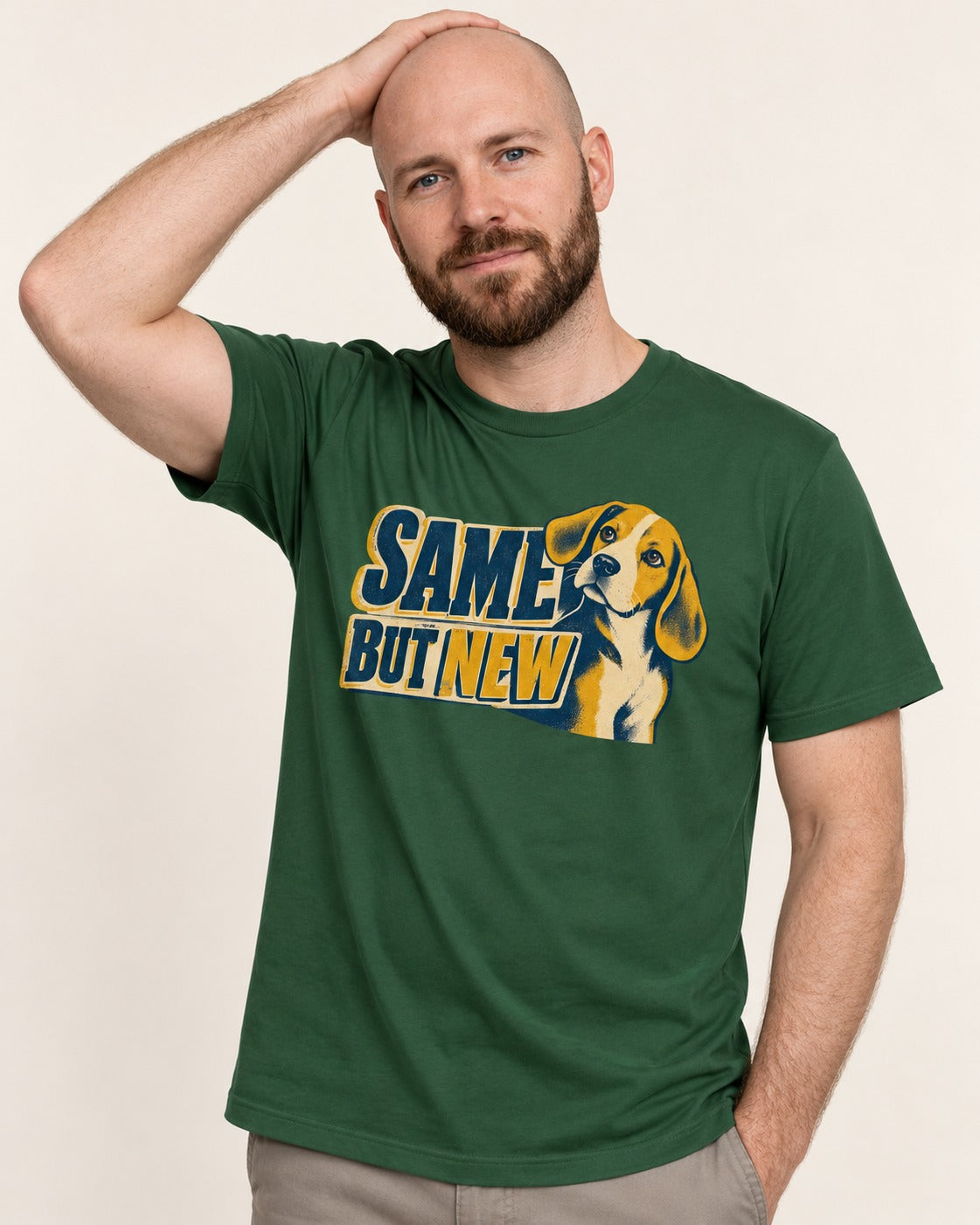 Same Beagle But New T-Shirt in Forest Green, worn by a model