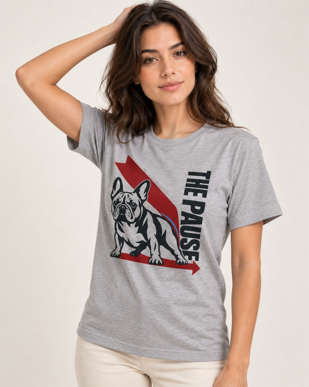 The Frenchie Pause T-Shirt in Sport Grey, worn by a model