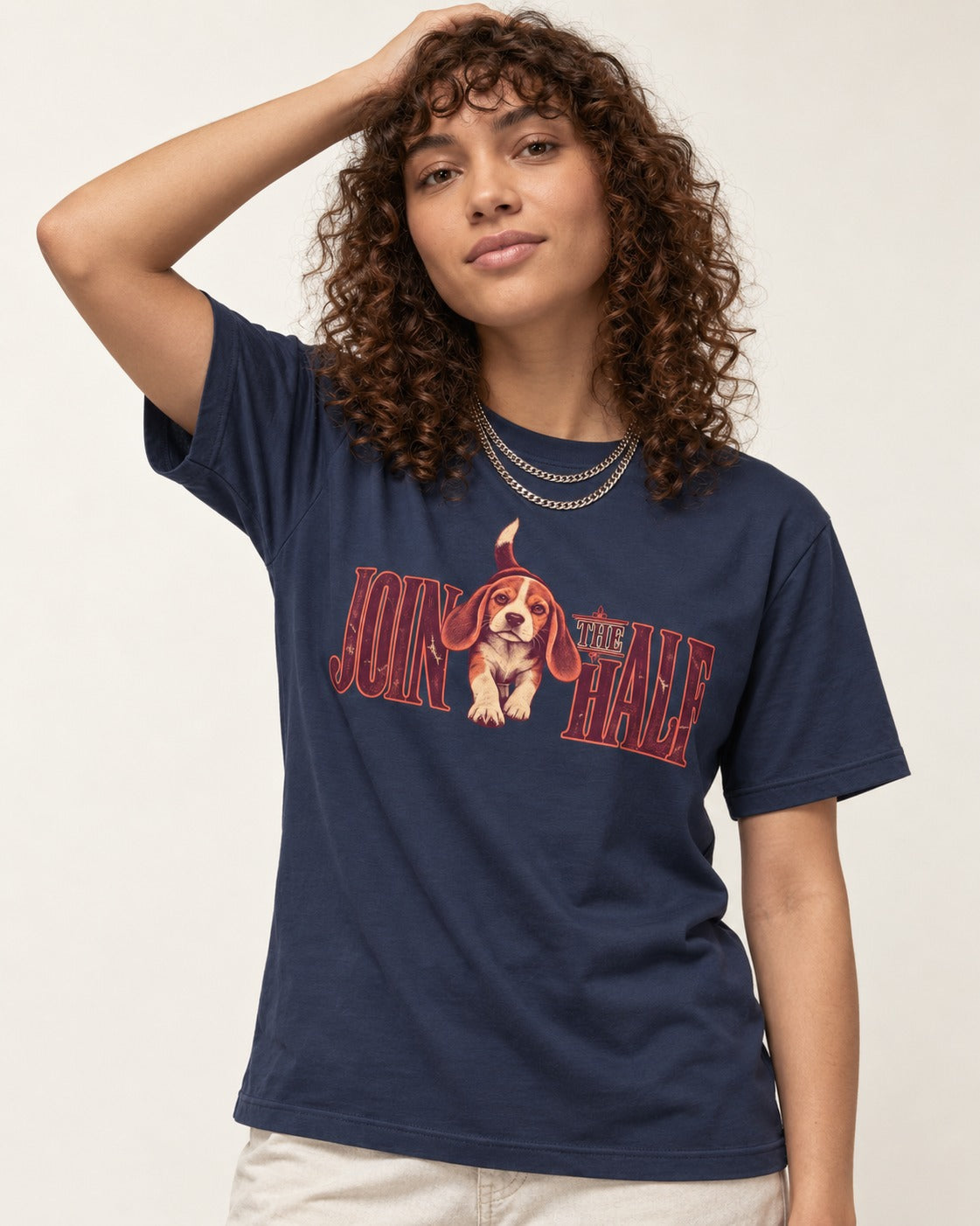 Beagle Join The Half T-Shirt in Navy, worn by a model