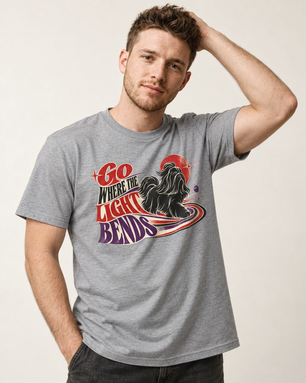 Shih Tzu Go Where the Light Bends Cosmic Orbit Graphic T-Shirt in Sport Grey, worn by a model