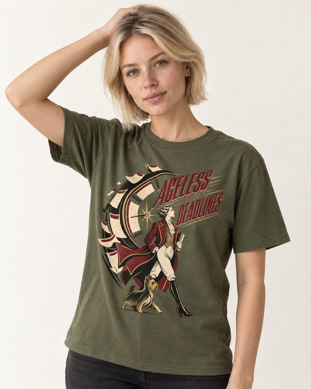 Yorkshire Terrier Ageless with Deadlines Calendar Clock Graphic T-Shirt in Heather Military Green, worn by a model