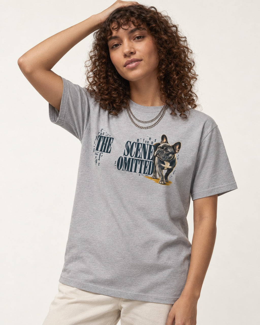 Scene Omitted for Frenchie T-Shirt in Sport Grey, worn by a model