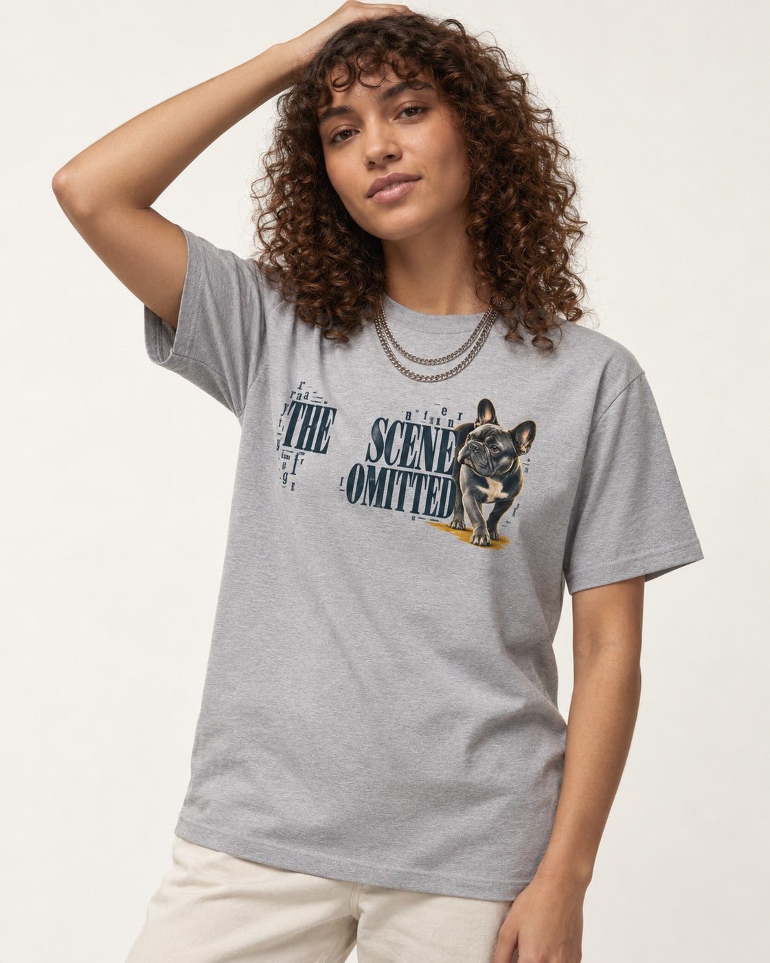 Scene Omitted for Frenchie T-Shirt in Sport Grey, worn by a model