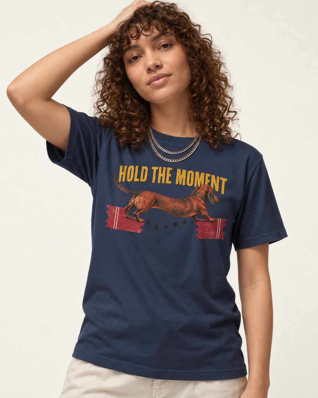 Dachshund Hold The Moment Torn Ticket Bridge Graphic T-Shirt in Navy, worn by a model