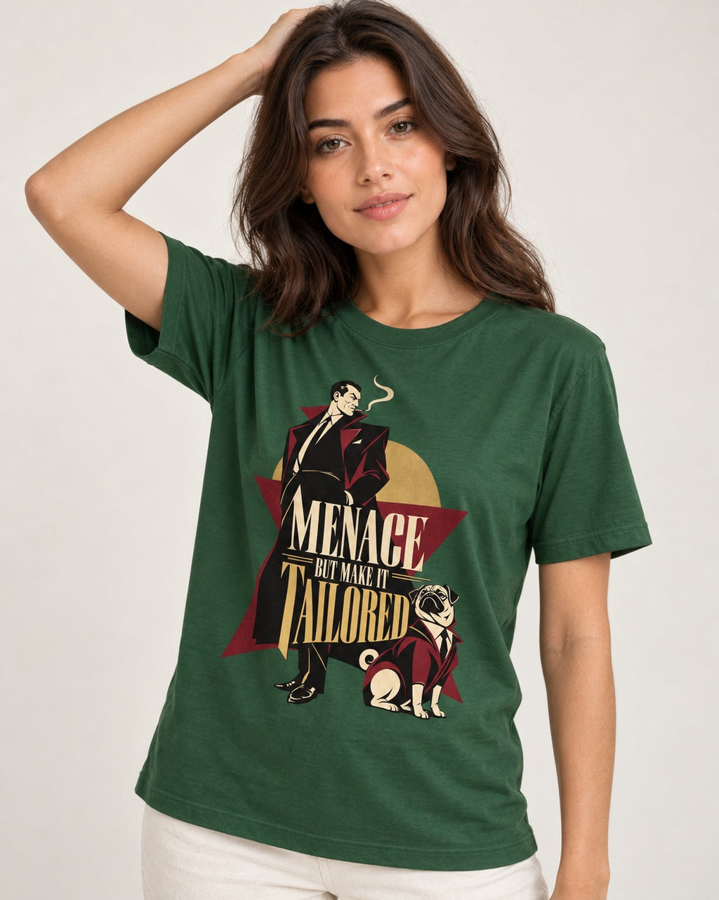 Pug Menace But Make It Tailored Graphic T-Shirt in Forest Green, worn by a model