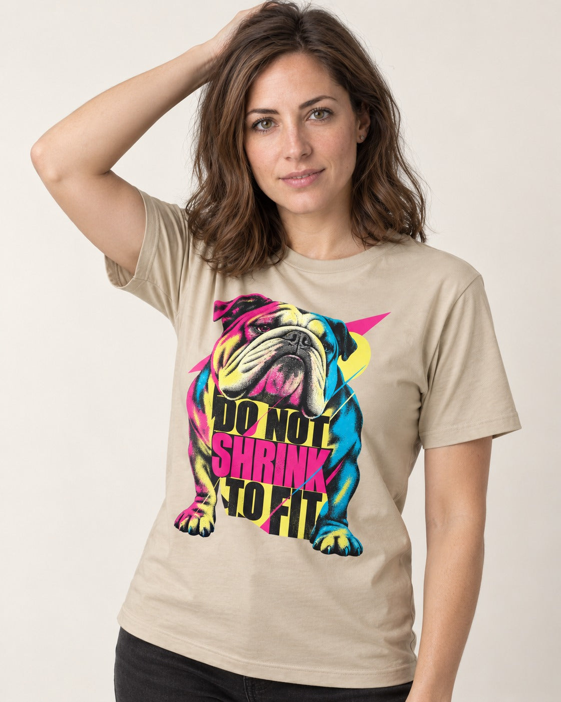 English Bulldog Don't Shrink to Fit T-Shirt in Sand, worn by a model