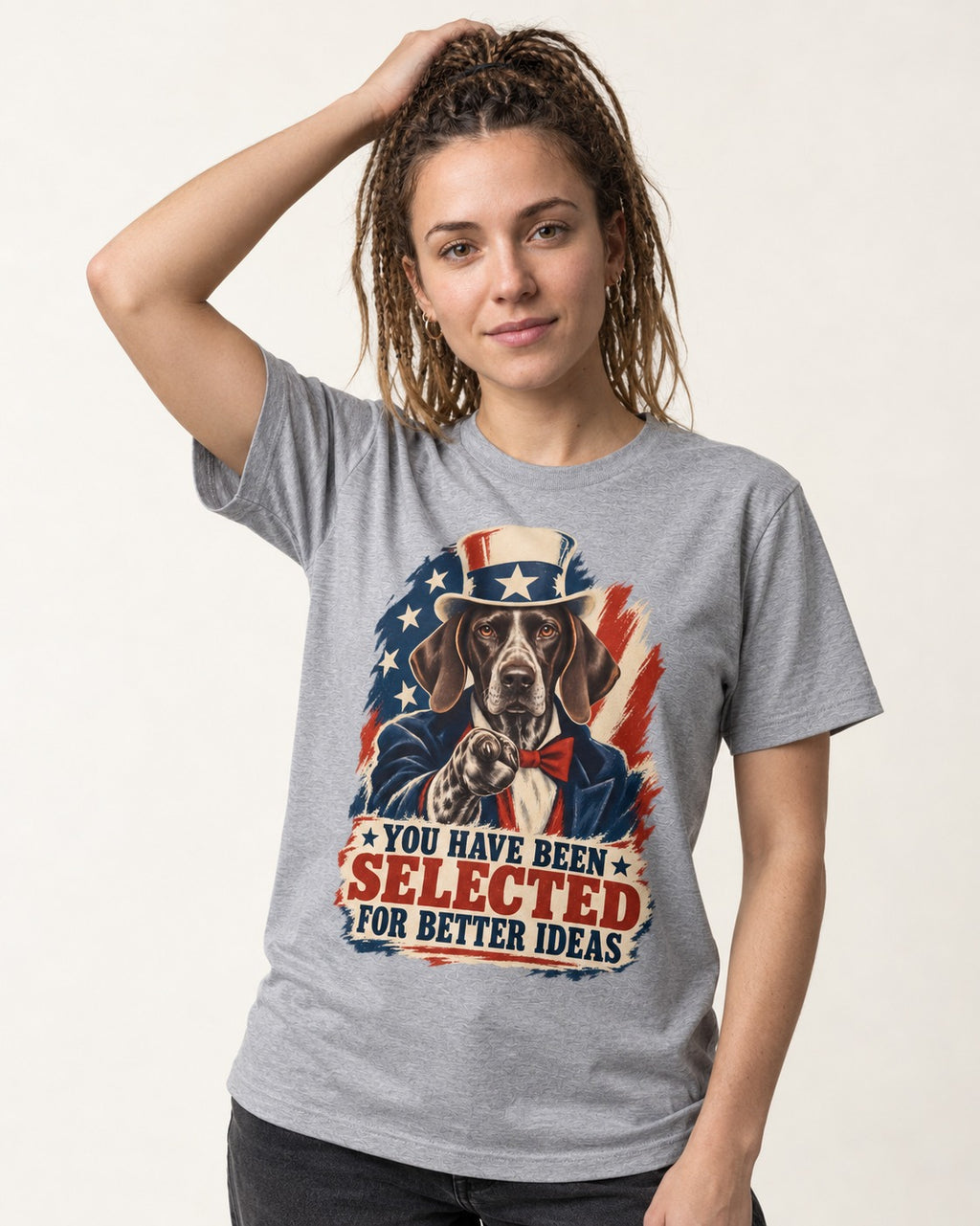 German Shorthaired Pointer You Have Been Selected For Better Ideas Uncle Sam Graphic T-Shirt in Sport Grey, worn by a model