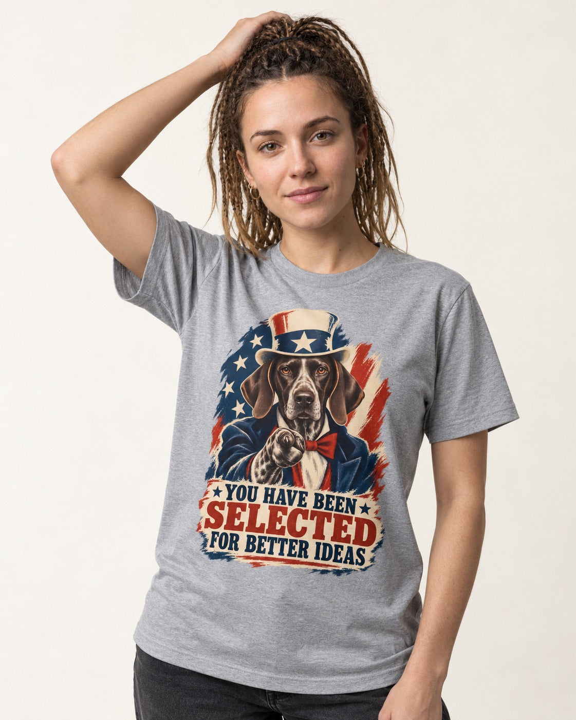 German Shorthaired Pointer You Have Been Selected For Better Ideas Uncle Sam Graphic T-Shirt in Sport Grey, worn by a model