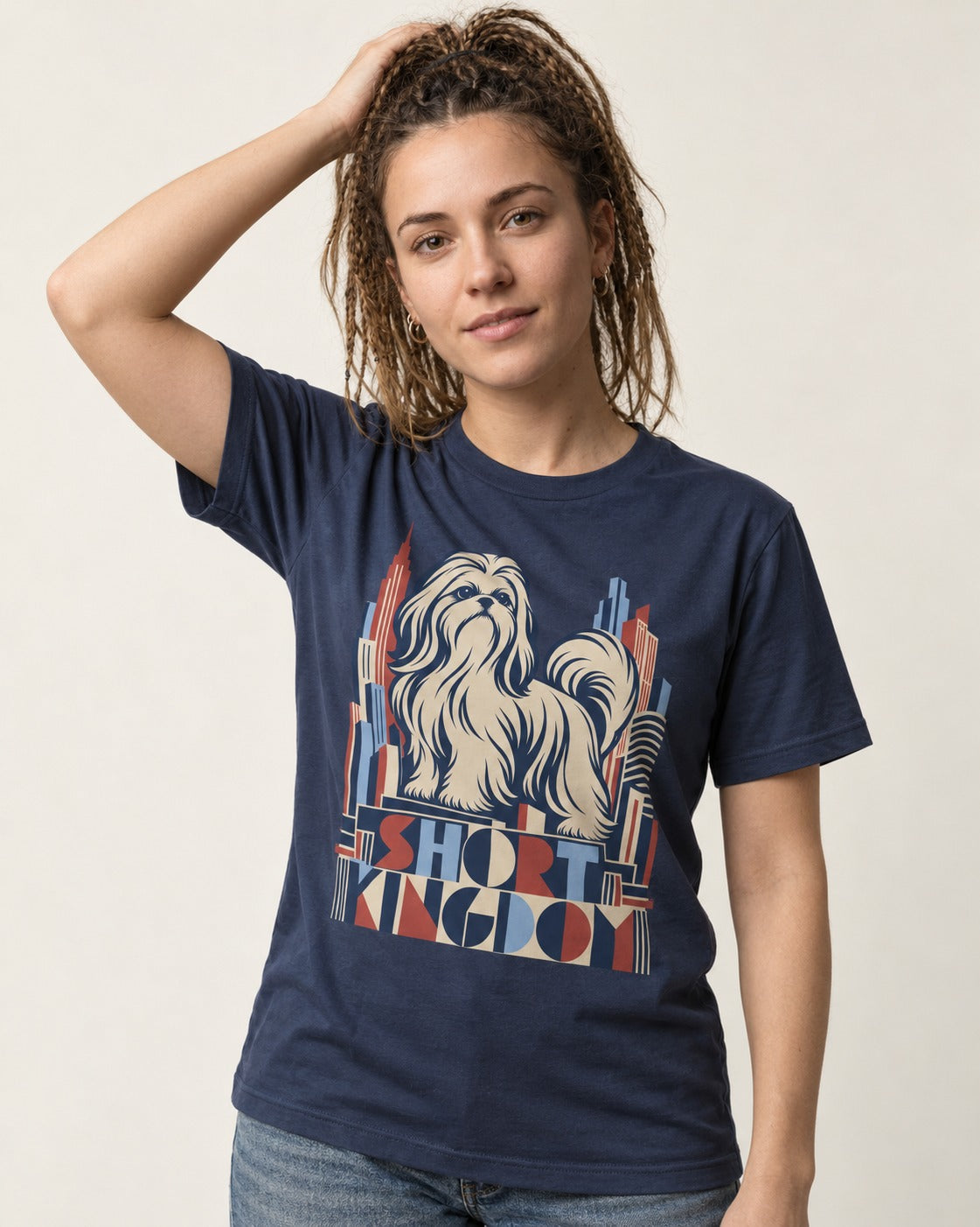 Shih Tzu Short Kingdom Art Deco Skyline Graphic T-Shirt in Navy, worn by a model