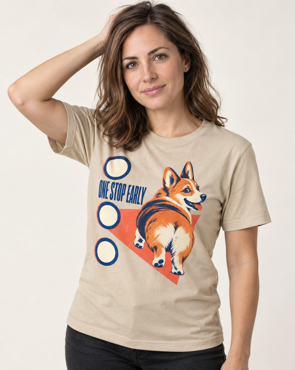 One Stop Early Corgi T-Shirt in Sand, worn by a model