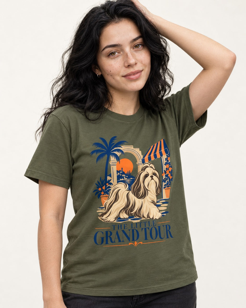 Shih Tzu The Little Grand Tour Mediterranean Courtyard Graphic T-Shirt in Heather Military Green, worn by a model