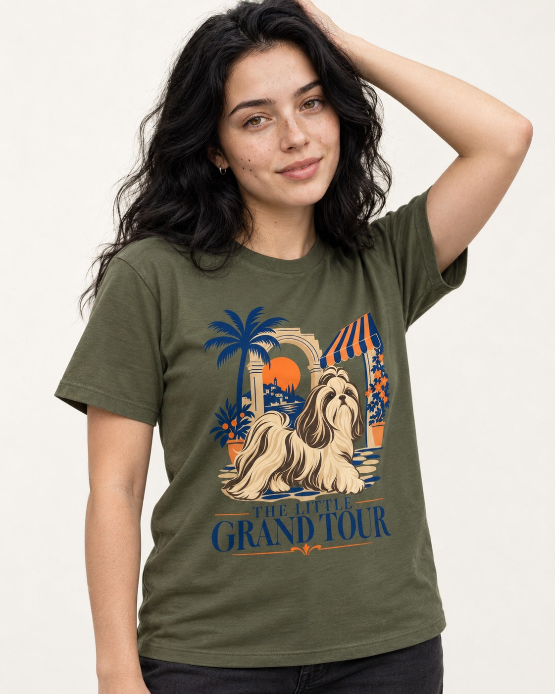 Shih Tzu The Little Grand Tour Mediterranean Courtyard Graphic T-Shirt in Heather Military Green, worn by a model