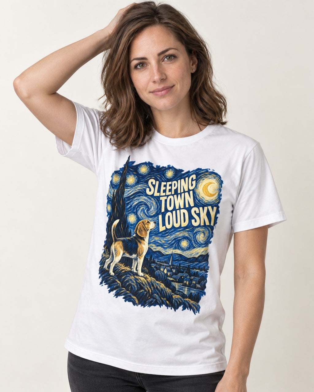 Sleeping Town Loud Sky Beagle Nightscape T-Shirt in White, worn by a model