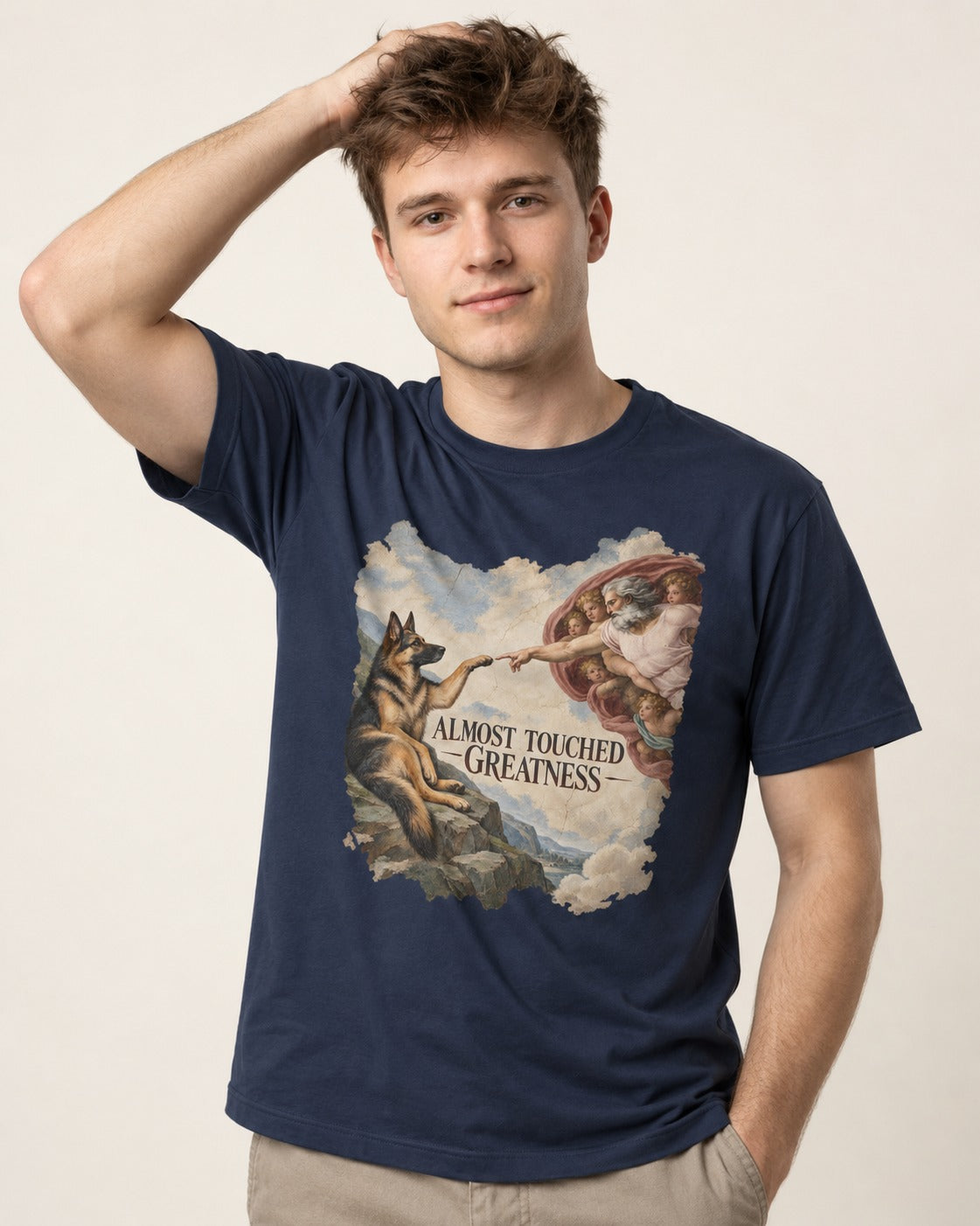 German Shepherd Dog Almost Touched Greatness Creation Parody T-Shirt in Navy, worn by a model