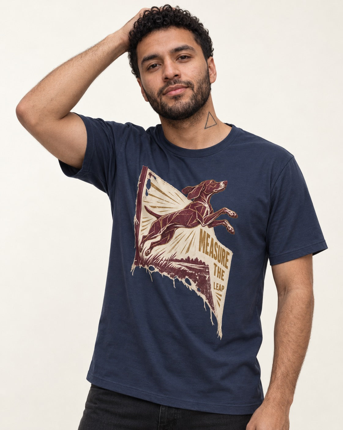 German Shorthaired Pointer Measure the Leap Torn Banner Graphic T-Shirt in Navy, worn by a model